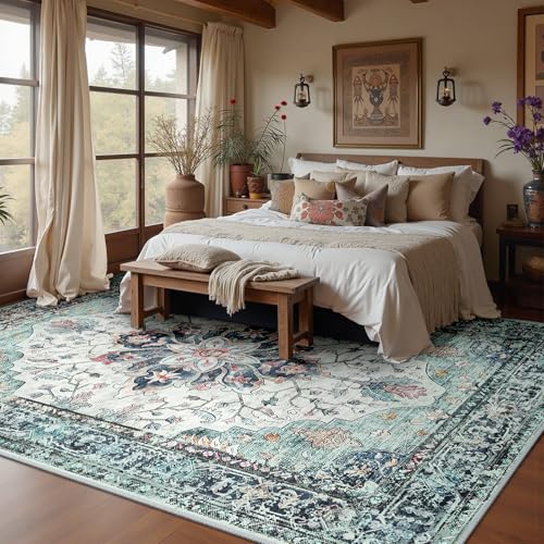 Washable Area Rug (Teal Green/White/Navy / 10' x 14' (Rectangular))