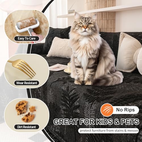 Washable Couch Covers for Sofa Boho Couch Covers for 3 Cushion Sofa Pet Friendly Black Chenille Jacquard Couch Protector for Dogs Plant Branch Sectional Cover Sofa Slipcovers (71" x 134" / U: Black)