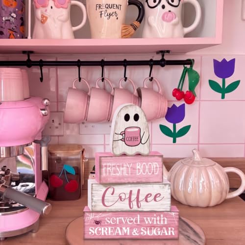 4 Pcs Pink Halloween Table Decorations Coffee Ghost Wooden Blocks (Cute Coffee Ghost)