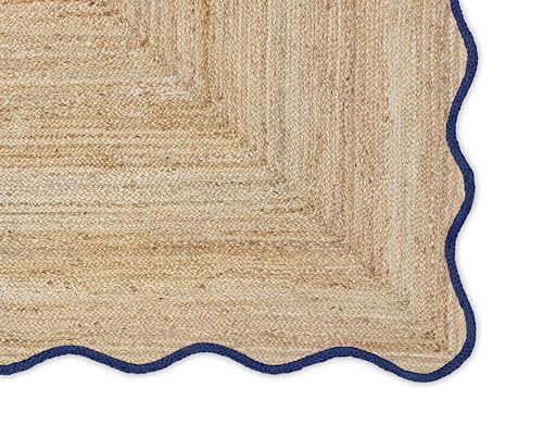 Wave Scalloped Natural Jute Boho Braided Area Rug (Navy / 9'x12' (Rectangular))