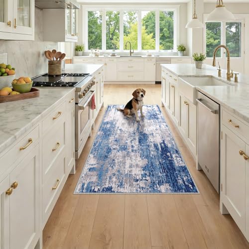 Washable Runner 3'x6' Abstract Area Rug for Hallway Blue Gray (Blue/Gray / 3' x 6' (Runner))