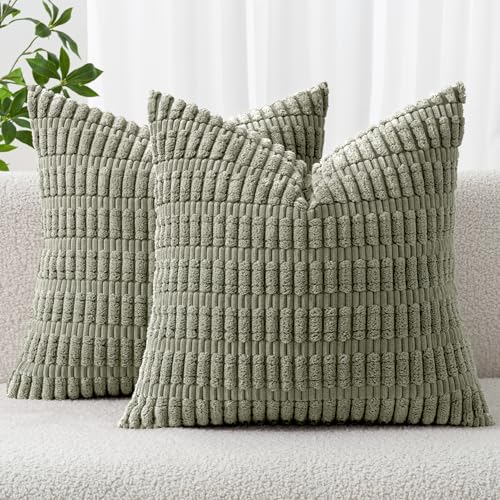 Corduroy Decorative Throw Pillow Covers 18x18 Light Olive Pack of 2 (Light Olive Green / 18" x 18" (Pack of 2))