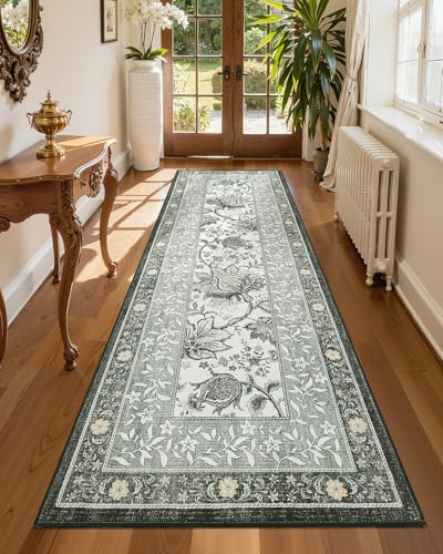 Provence Fog 2.5 x 8 Washable Kitchen Runner Rugs Non Slip Vintage Boho Cottage Long Rug for Hallways Bedroom Entryway Bathroom Mat with Rubber Back (Provence Fog / 2'6" x 8' (Runner))