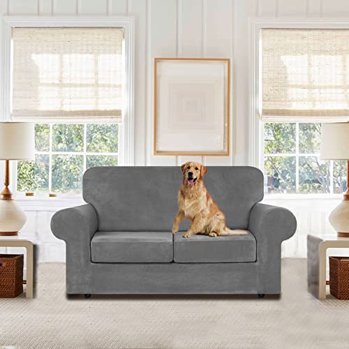 Velvet Stretch 3 Pieces Couch Cover for Sofa Washable (Medium / Light Grey)