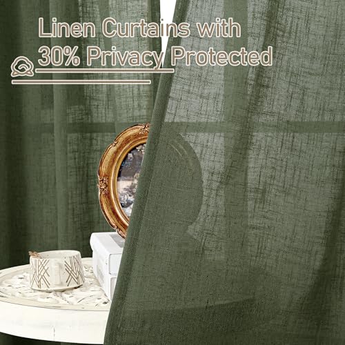 Olive Green Linen Curtains 63 Inch Length 2 Panels for Bedroom (34"W x 63"L (Pack of 2) / Olive Green)