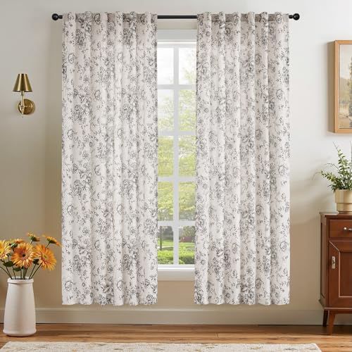 Vintage Floral Linen Curtains 72 Long for Living Room 2 Panels (Black on Beige / 50"W x 72"L (Pack of 2))