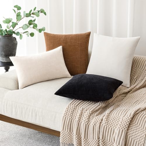 Textured Chenille Lumbar Throw Pillow Covers 12x20 (20" x 12" (Pack of 2) / Light Beige)
