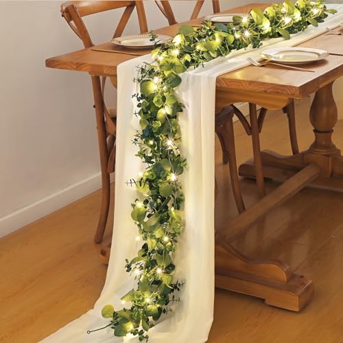 6 Packs 6FT Artificial Eucalyptus Garland Faux Greenery Garland (Grey Green With Light / 6 Packs)