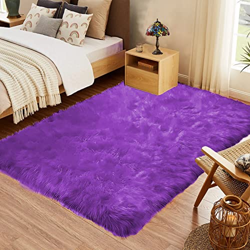 Purple Area Rug 5x8 Fluffy Fuzzy Furry Carpet for Bedroom Living Room Girls Faux Fur Plush Shaggy Washable Rectangle (5' x 8' (Rectangular) / Purple)