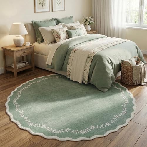Round Rugs 4ft Scalloped Washable Small Circle Rug for Kids Room (Sage Green / 4' (Round))