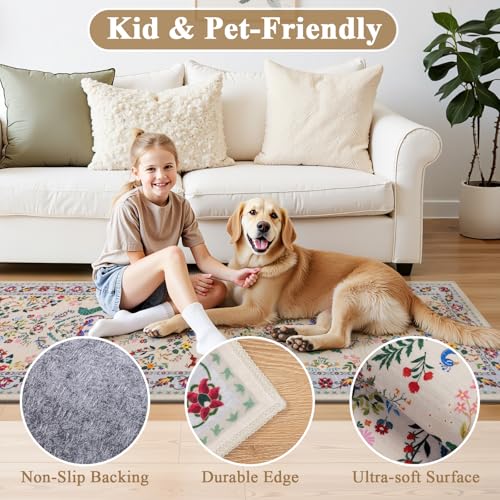 HEBE Hallway Runner Rug 2'x6' (Floral Beige / 2' x 6' (Rectangular))