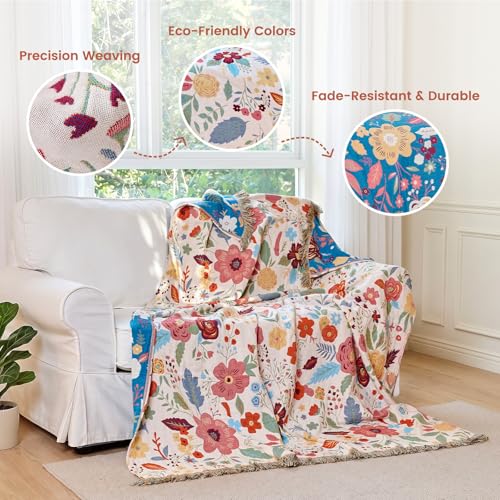 Boho Throw Blanket 50"x60" Fall Cotton Floral Blanket for Couch (Various Flowers / 50"x60")