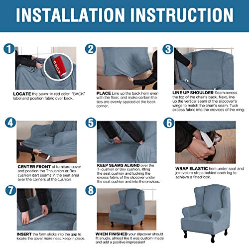 Wingback Chair Covers Velvet Plush Wing Chair Slipcover 1 Piece High Stretch Wing Back Chair Slipcovers Sofa Cover Furniture Cover with Elastic Bottom (Stone Blue / Wing Chair)
