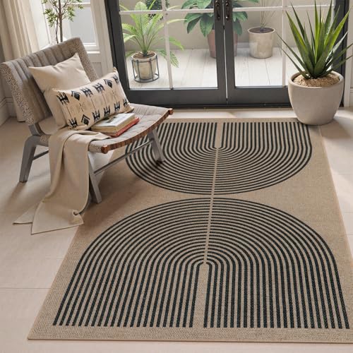 Modern Rainbow Easy Jute Outdoor Rug 4x6 (4' x 6' (Rectangular) / Nature/Black Rainbow)
