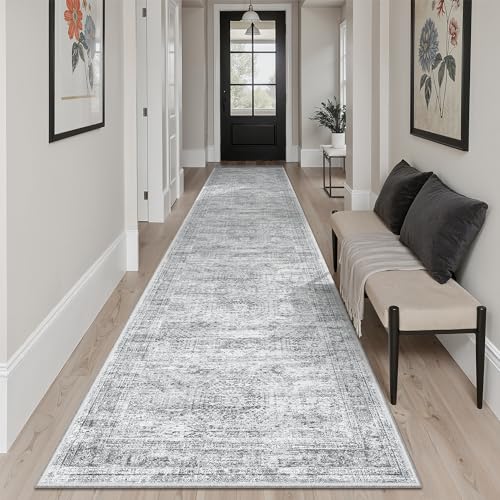 Hallway Runner Rug 2'6" x 12' Washable Long Kitchen Rugs Grey (Grey / 2'6" x 12' (Runner))
