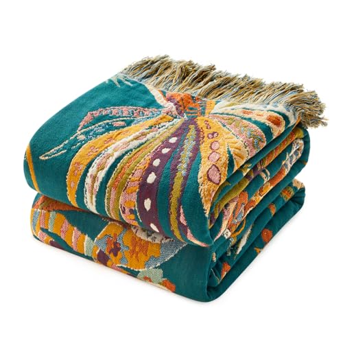 Boho Throw Blanket 60"x80" 100% Cotton Floral Muslin Blanket for Sofa (Leaves Flowers / 60"x80")