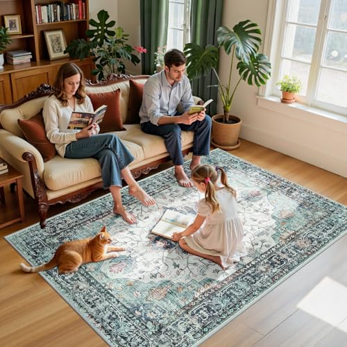 Washable Area Rug (Teal Green/White/Navy / 5' x 7' (Rectangular))