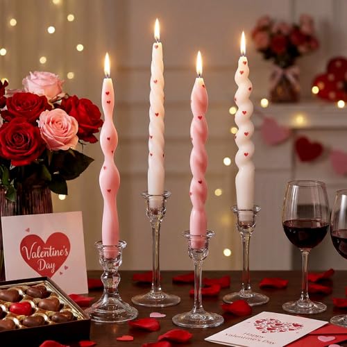 4 Pcs Twisted Taper Candles (Heart / 7.87 Inch / Pink White)