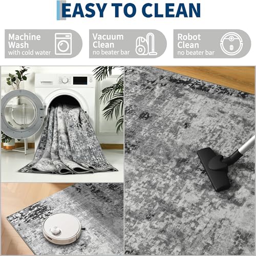 Living Room Rug 7x10 Gray Area Rugs Machine Washable Abstract Boho Large Rug Non (Grey / 7' x 10' (Rectangular))