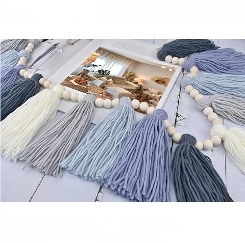 Tassel Garland with Wood Bead Jungle Leaves Garland Banner for Classroom Party Nursery Kids Bedroom Room Wall Birthday Baby Shower Wedding Decor (F)