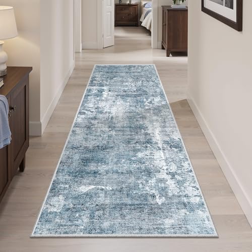 Abstratc Runner Rug 2x6 Washable Kitchen Hallway Runners Blue (Blue/Grey / 2' x 6' (Runner))