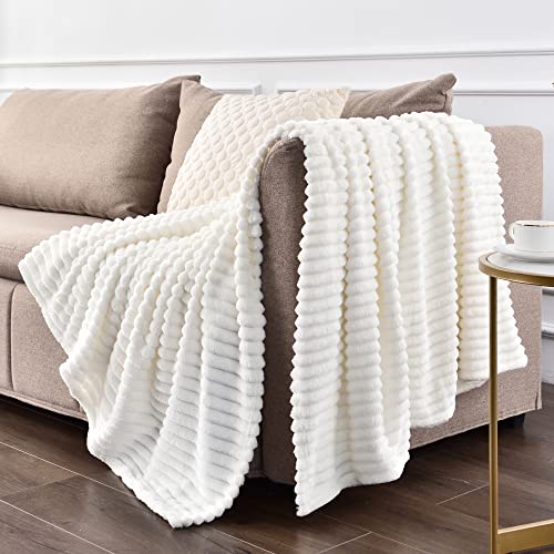 Ribbed Jacquard Off White Blankets Queen Size for Bed (White / Queen(90"x90"))