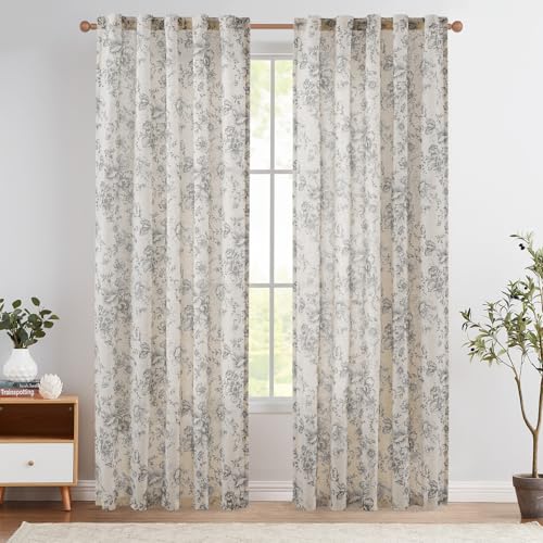 Vintage Floral Linen Curtains 90 Long for Living Room 2 Panels (Grey / 42"W x 90"L (Pack of 2))