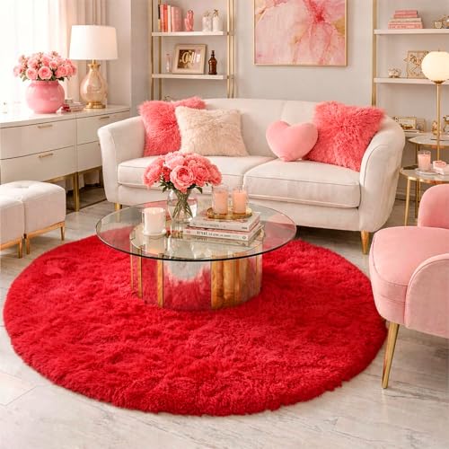 Red Furry Round Circle Area Rug 4Ft for Boys Bedroom Living Room (Red / 4' (Round))