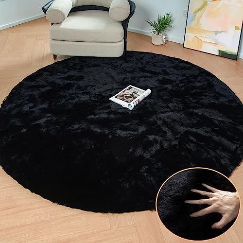 Black Round Area Rug 5ft Washable Faux Fluffy Fur Rug for Bedroom Circle Nursery Rug for Living Room Girl Room Cute Décor (5' (Round) / Black)