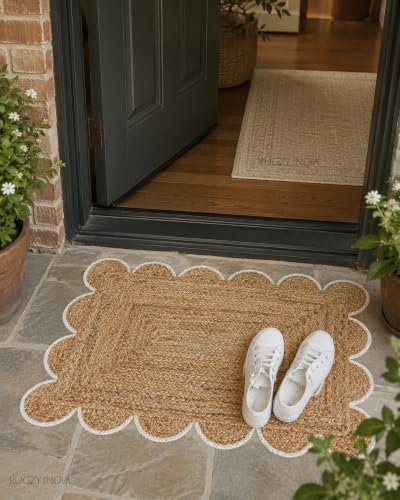 Scalloped Natural Jute Area Rug 3x5 Ft (3'x5' / Off-white)