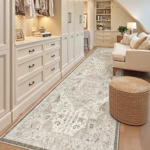 Hallway Runner Rug 3x10 Washable Kitchen Runners 10ft (Ivory/Brown / 3' x 10' (Runner))