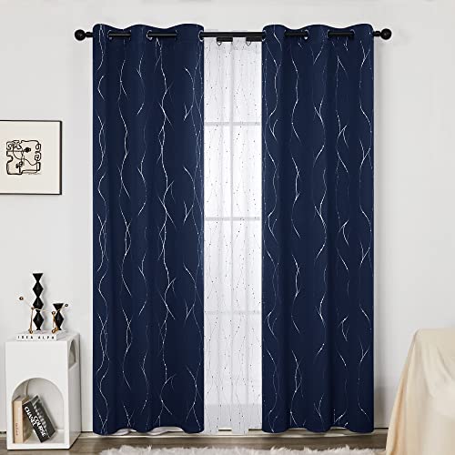 Living Room Curtains 84 Inches Long (Navy Blue/Wave Dots / 38"W x 84"L (Pack of 2))