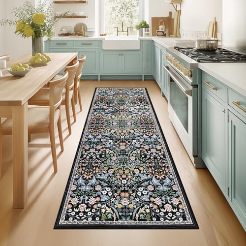 2x6 Washable Runner Rug：Floral Indoor Kitchen Carpet Dark Black (Dark Black / 2' x 6' (Runner))