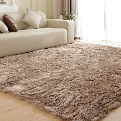 Beige Area Rugs for Living Room Bedroom Nursery 9X12 Washable Faux Sheepskin Fluffy Fur Rug Kids Room Decor Soft Cozy Home Décor (9' x 12' (Rectangular) / Beige)
