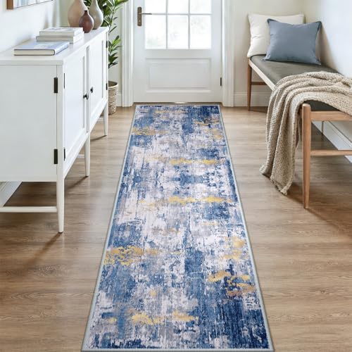 Washable Runner 3'x9' Abstract Area Rug for Hallway Blue Gold (Blue/Gold / 3' x 9' (Runner))