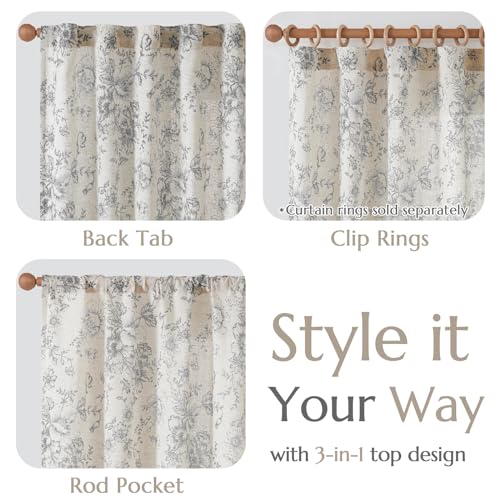 Vintage Floral Linen Curtains 54 Long for Living Room 2 Panels (Grey / 50"W x 54"L (Pack of 2))