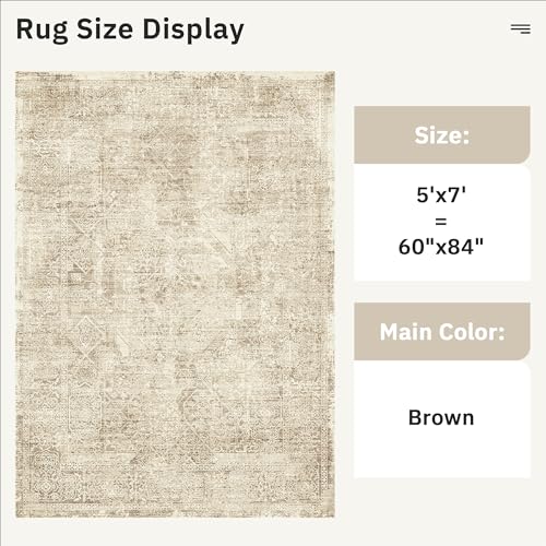 5x7 Area Rugs Light Brown Washable Trendy Faded Style Floral Rugs (Light Brown / 5' x 7' (Rectangular))