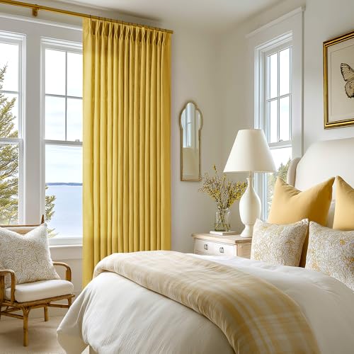 Mustard Yellow Pleated Semi Sheer Linen Curtains 108 Inches Long 2 Panel (Mustard Yellow / 40"W x 108"L (Pack of 2))
