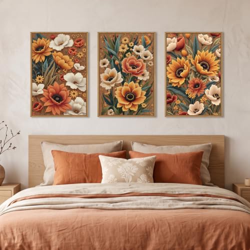 Large Boho Flower Botanical Framed Canvas Wall Art (Boho Embroidery Flower Wall Art / 16"L x 24"W)