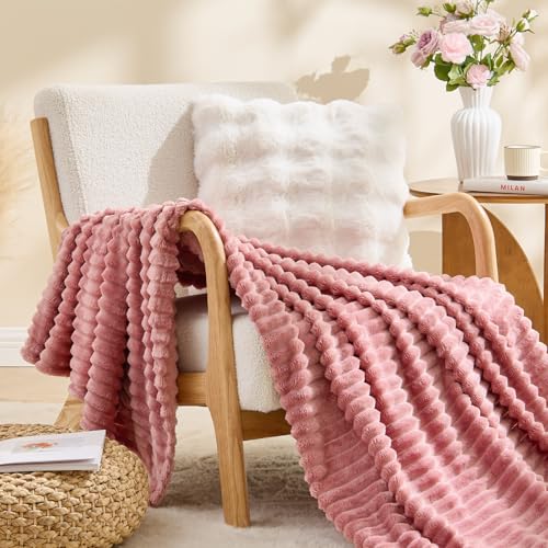 3D Ribbed Jacquard Pink Fleece Throw Blanket for Couch (Dusty Pink / Throw XL(50"x70"))