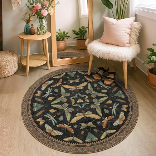 Black Boho 4ft Round Small Rugs for Entryway Non Slip (4' (Round) / Black / Multi)