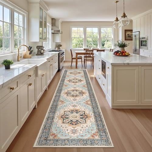 Washable Runner Rugs 2x10 Long for Hallway Kitchen (Orange/Blue / 2' x 10' (Runner))