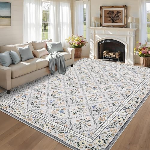 Large Area Rugs 10x13 Washable Rug for Spring Farmhouse Floral Carpet Grey Beige Soft Non Slip Low Pile Faux Wool Stain Resistant for Bedroom Kitchen Bathroom Laundry (Grey/Beige / 10' x 13' (Rectangular))