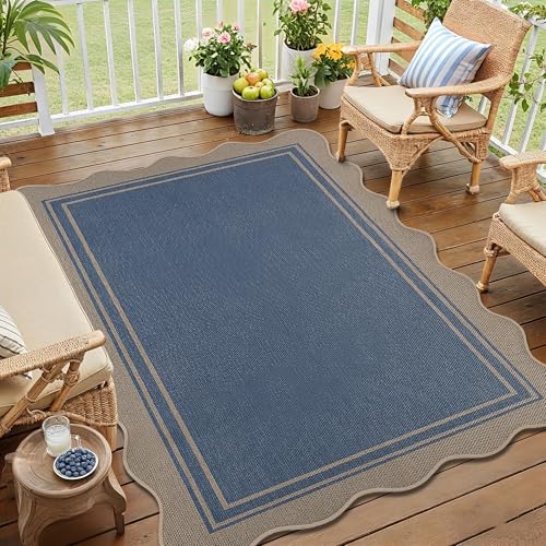 Easy Jute 3x5 Outdoor Scalloped Rug Washable Entryway Rug Blue (3'*5'(Rectangular) / Blue)