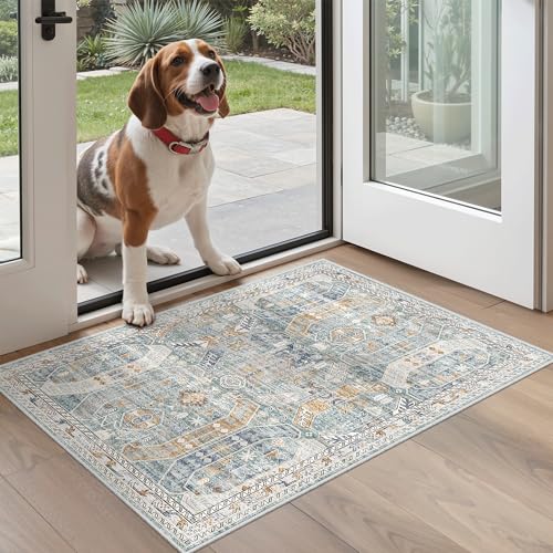 Washable Area Rug 2x3 Small Entryway Rugs Non (Blue/Gold / 2' x 3' (Rectangular))