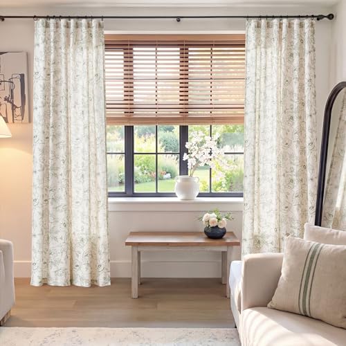 Floral Linen Curtains for Living Room 63 Inch Length Green Flower Curtain Rod Pocket Back Tab Farmhouse Curtains with Printed Floral Bedroom Window Curtain Set (Penny Green on Ecru / 50"W x 63"L (Pack of 2))