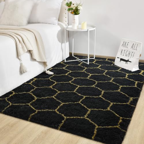 Super Soft Shaggy Rugs Fluffy Carpets (4' x 6' (Rectangular) / Black Gold)