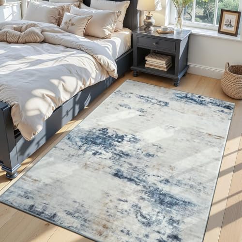 4x6 Washable Non Slip Abstract Area Rugs for Bedroom Living Room (Blue / White / 4' x 6' (Rectangular))