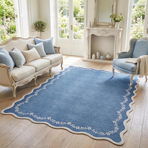5x7 Scalloped Area Rug Blue Washable Bedroom Living Room Rug (Navy Blue / 5' x 7' (Rectangular))