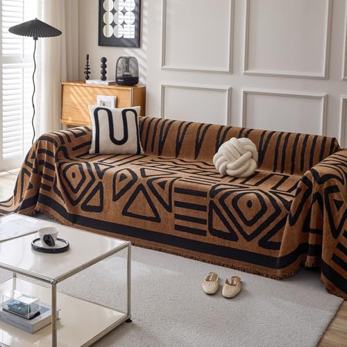 Boho Geometric Couch Covers for Sofa Pet Friendly Brown and Black Sofa Covers Washable Chenille Couch Blanket Cover for 3 4 Cushion Couches Pet Protector Furniture Cover Soft (71" x 134" / T: Warm Brown)
